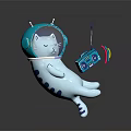 Dancing Cute White Creature With Blue Headphones Holding Radio And Colorful Beams