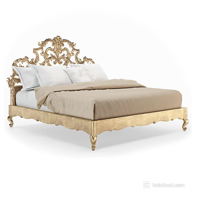 Ornate Gold Double Bed with Intricate Carved Headboard White Pillows And Beige Bedspread 3d model 
