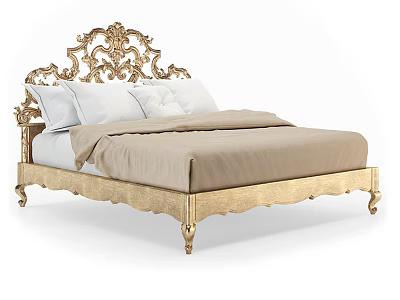 Ornate Gold Double Bed with Intricate Carved Headboard White Pillows And Beige Bedspread 3d model