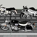 Three Different Motorcycles Parked On Brick Paved Area With White Stripes