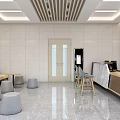 Hospital Outpatient Clinic Waiting Area with Gray Yellow Sofa Benches Round Tables Stools Bright Lighting