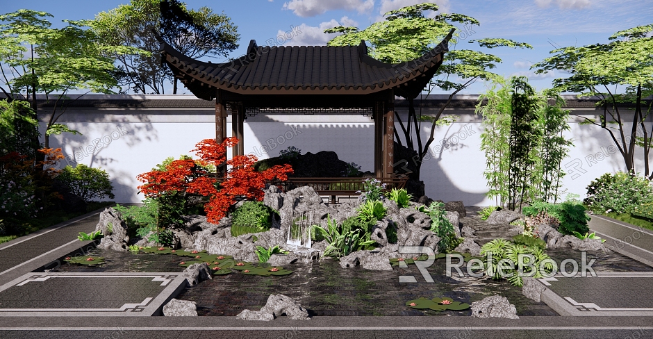 New Chinese Style Garden Landscape Demonstration Area Landscape Corridor Pavilion Water Pavilion Garden Pool Taihu Lake Stone Fake Mountain Stone Fake Mountain Falling Water Scene model