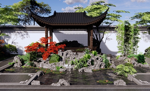 New Chinese Style Garden Landscape Demonstration Area Landscape Corridor Pavilion Water Pavilion Garden Pool Taihu Lake Stone Fake Mountain Stone Fake Mountain Falling Water Scene 3d model