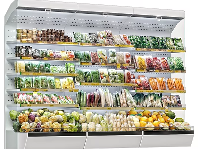 Commercial Freezer Display Stocked with Various Frozen Vegetables Fruits and Packaged Foods on Multiple Shelves 3d model