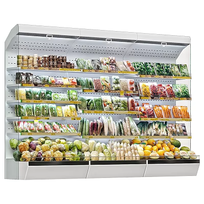 Commercial Freezer Display Stocked with Various Frozen Vegetables Fruits and Packaged Foods on Multiple Shelves 3d model