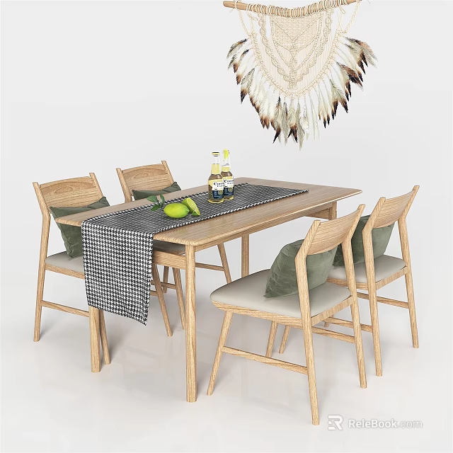 Minimalist Wooden Dining Table Set With Checkered Runner Green Fruit And Feather Decor 3d model 