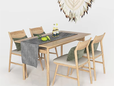 Minimalist Wooden Dining Table Set With Checkered Runner Green Fruit And Feather Decor 3d model