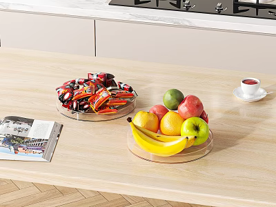 Fresh Mixed Fruits In Glass Bowls On Modern Kitchen Countertop With Coffee Cup And Magazine 3d model