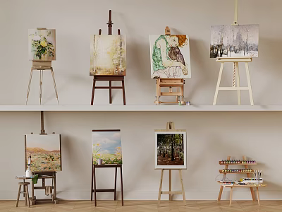 Art Studio Scene with Wooden Easels Various Paintings Shelves and Painting Supplies 3d model