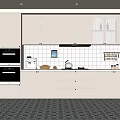 Modern White Kitchen Interior With Double Door Refrigerator Built In Oven And Patterned Floor Tiles