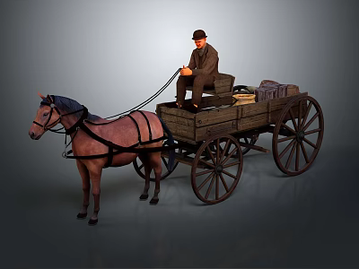 Old Fashioned Wooden Horse Drawn Wagon With Man Driving Loaded Cargo 3d model
