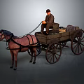 Old Fashioned Wooden Horse Drawn Wagon With Man Driving Loaded Cargo