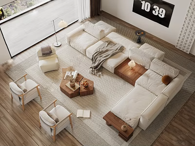 Modern Bright Living Room With L shaped Sofa Armchairs And Large Window 3d model