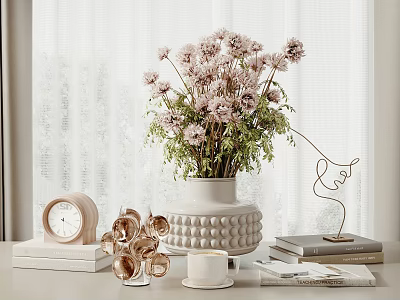 Decorative Ornament Set with Vase Dried Flowers Clock Rose Decor and Metal Heart on Tabletop 3d model