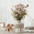 Decorative Ornament Set with Vase Dried Flowers Clock Rose Decor and Metal Heart on Tabletop