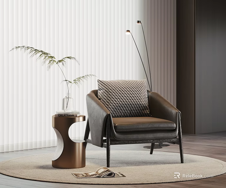 Stylish Accent Chair With Textured Pillow Round Side Table And White Blinds On Wooden Floor 3d model 