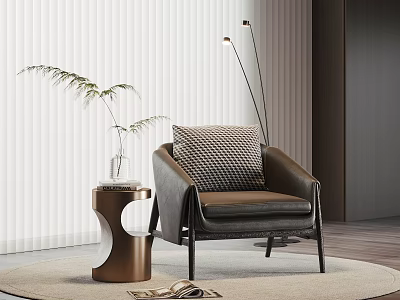Stylish Accent Chair With Textured Pillow Round Side Table And White Blinds On Wooden Floor 3d model
