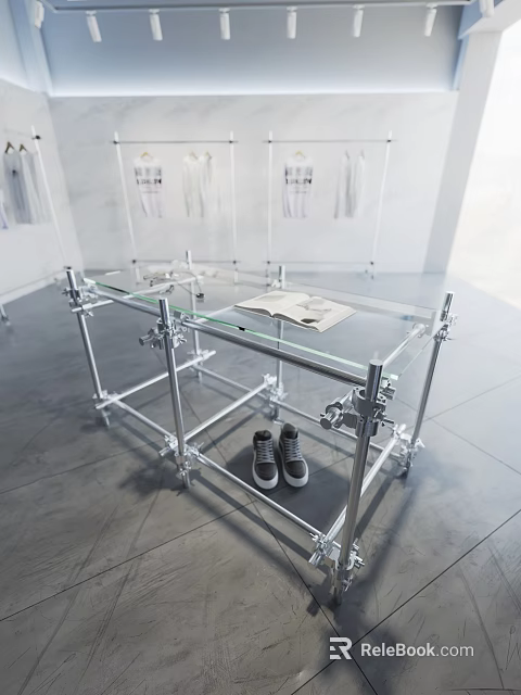 Modern Display Shelf With Glass Top Metal Frame Holding Magazine Shoes And Clothes 3d model 