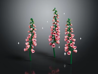 Three Pink Foxglove Plants With Green Stems Bell Flowers And Shiny Accents On Dark Background 3d model