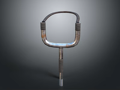 Rustic Metal Handle Component Featuring Curved Top And Black Grips On Vertical Rod 3d model