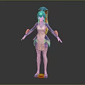 3D Fantasy Character Model With Blue Hair Headdress Light Top Yellow Skirt Arm Decorations And Orange Shoes