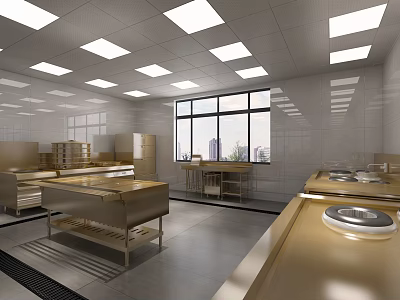 Commercial Kitchen Interior With Stainless Steel Worktables Cabinets Large Windows And Recessed Lighting 3d model