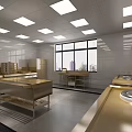 Commercial Kitchen Interior With Stainless Steel Worktables Cabinets Large Windows And Recessed Lighting