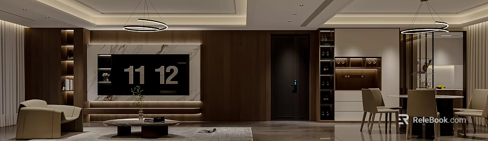 Elegant Warm Modern Living And Dining Interior With Wood Veneer And Marble TV Wall 3d model 