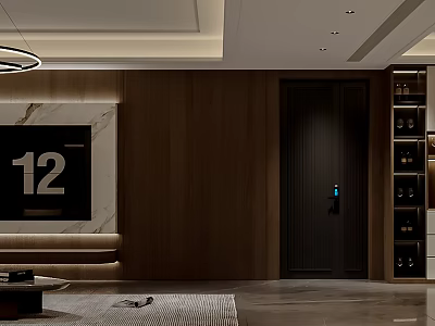 Elegant Warm Modern Living And Dining Interior With Wood Veneer And Marble TV Wall 3d model
