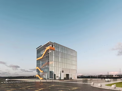 Modern Glass Facade Library Building With Orange Spiral Staircase Open Surroundings And Parking Lot 3d model