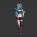 Anime Inspired Game Character With Blue Long Hair Black Crop Top Strappy Shorts And Sneakers