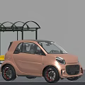 Pink Small Car Parked Next to Bus Stop With Black Wheels and Compact Design