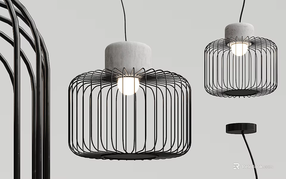 Modern Pendant Lights With Black Metal Cage Design And Concrete Shade 3d model 