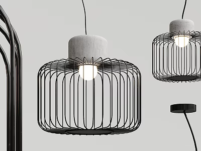 Modern Pendant Lights With Black Metal Cage Design And Concrete Shade 3d model
