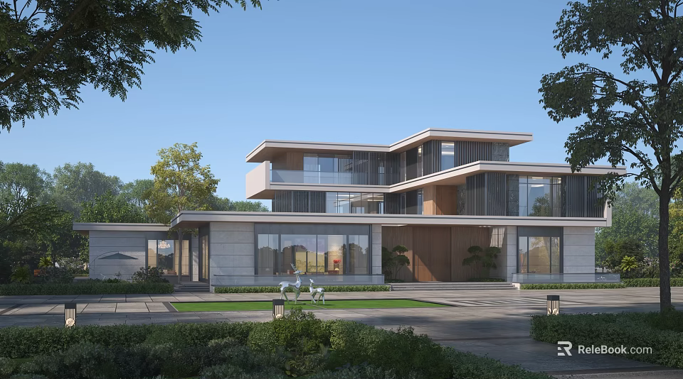 Modern Design Detached Villa With Two Story Large Glass Windows Front Courtyard Greenery And Lawn 3d model 