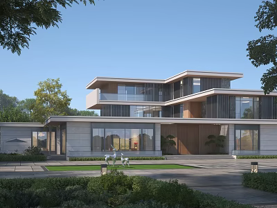 Modern Design Detached Villa With Two Story Large Glass Windows Front Courtyard Greenery And Lawn 3d model