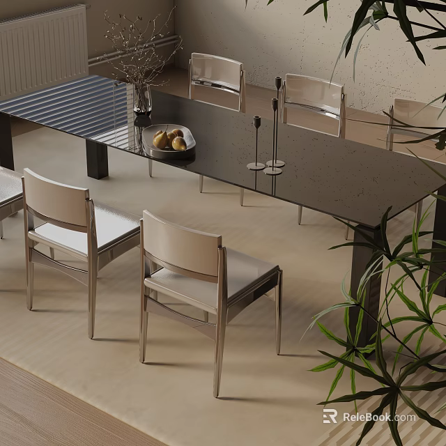 Modern Dining Table Set with Glass Top Six Light Colored Chairs and Decorative Items 3d model