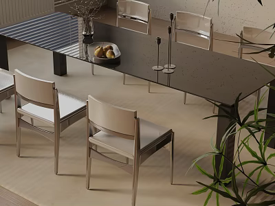 Modern Dining Table Set with Glass Top Six Light Colored Chairs and Decorative Items 3d model