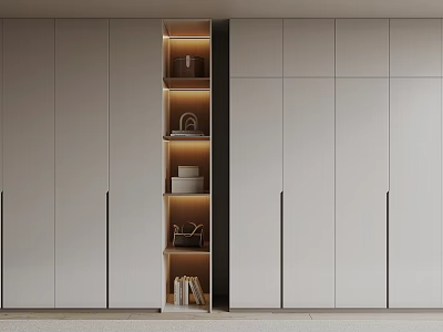 Modern Light Gray Wardrobe With Open Shelves Built-in Lighting And Slim Black Handles 3d model