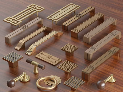 Brass Furniture Handles With Various Traditional Chinese Patterns For Cabinets And Drawers 3d model