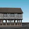 Classic European Architecture with Black and White Half Timbered Steep Roof and Arched Columns Portico