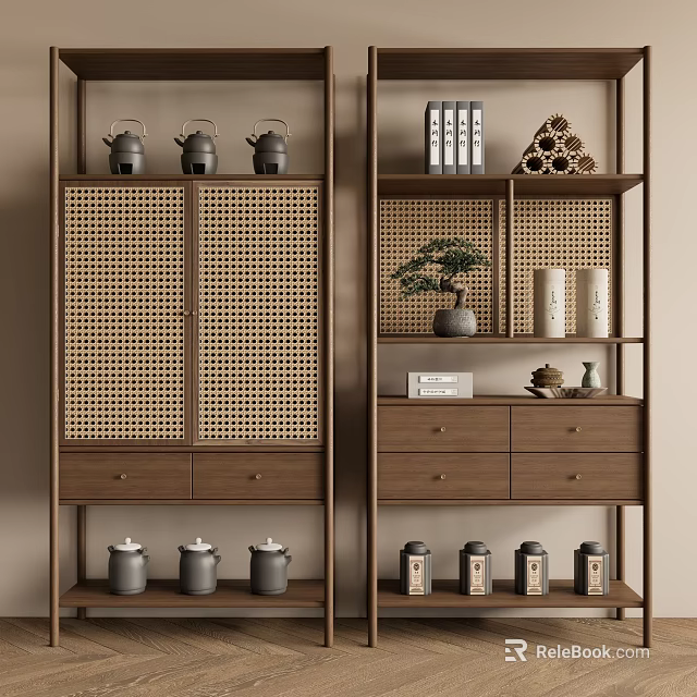 Traditional Wooden Bogu Shelf with Rattan Doors Teapots Books and Mini Potted Plant 3d model 