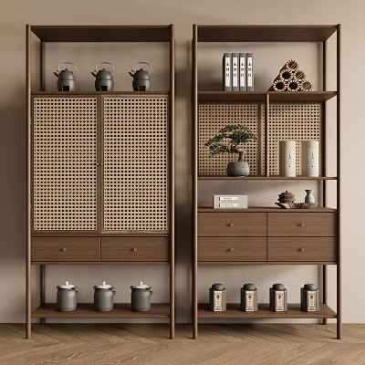 Traditional Wooden Bogu Shelf with Rattan Doors Teapots Books and Mini Potted Plant 3d model