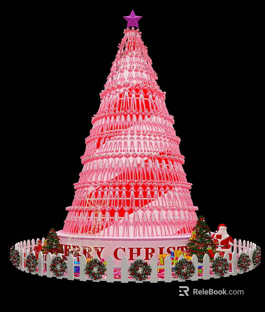 Pink Christmas Tree Made Of Stacked Wine Glasses With Merry Christmas Decorations 3d model 