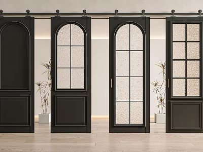 Black Arch Top Sliding Doors With Grid Glass Panels And Frosted Design In Modern Interior 3d model