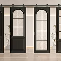 Black Arch Top Sliding Doors With Grid Glass Panels And Frosted Design In Modern Interior