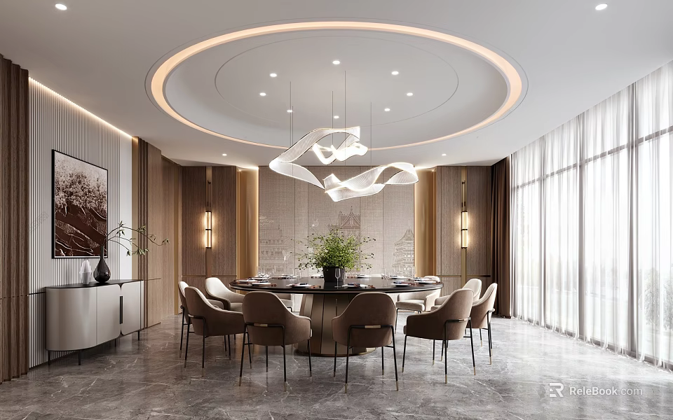Luxury Private Dining Box Interior With Round Table Upholstered Chairs And Modern Chandelier 3d model 