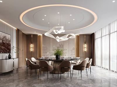 Luxury Private Dining Box Interior With Round Table Upholstered Chairs And Modern Chandelier 3d model