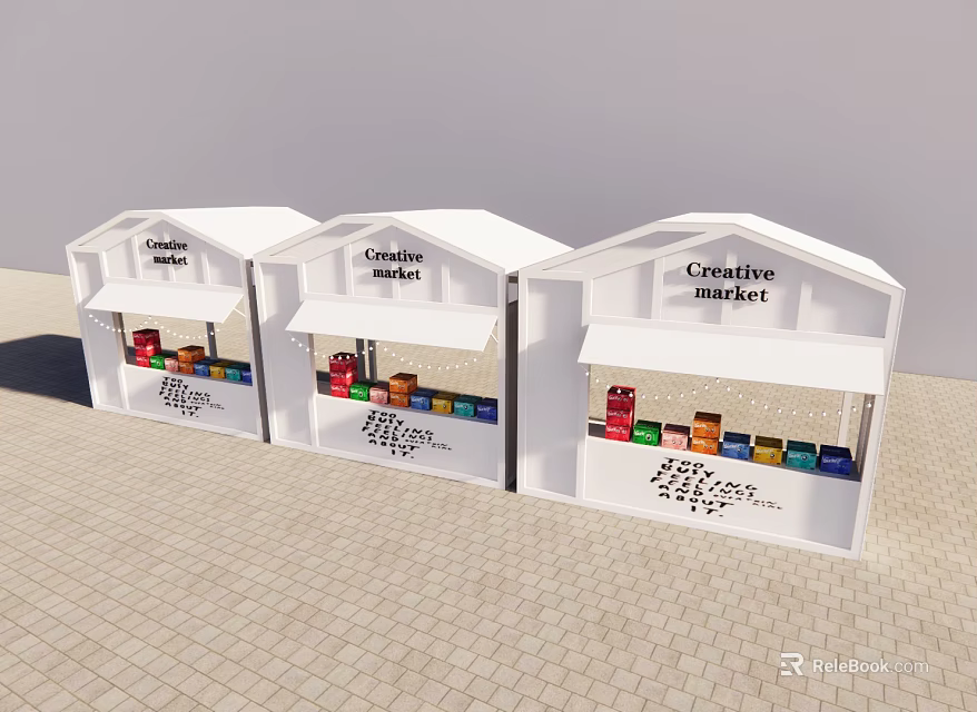 Three White Creative Market Pavilions With Colorful Items In Windows 3d model 