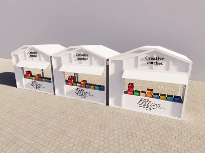 Three White Creative Market Pavilions With Colorful Items In Windows 3d model